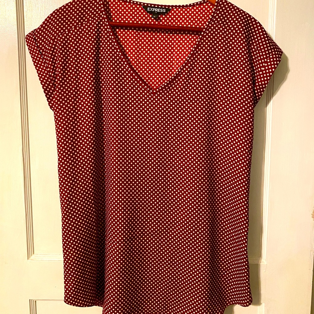 Maroon with white polka dot satin top.